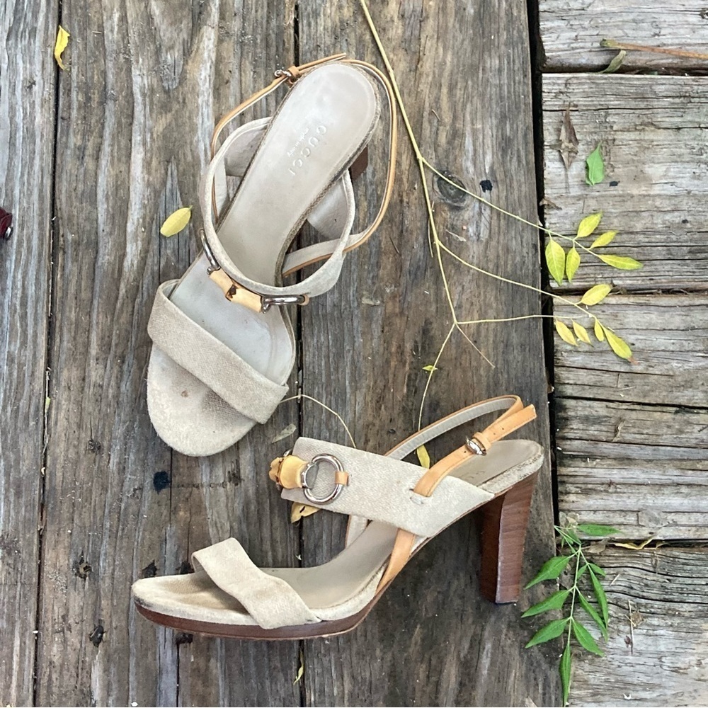 Gucci Sandals Horsebit Miss Bamboo Beige Tan Heels rare ICONIC Rafia and Leather